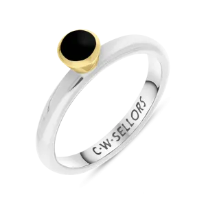 9ct Yellow Gold Sterling Silver Whitby Jet Stepping Stones 5mm Round Bezel Set Ring