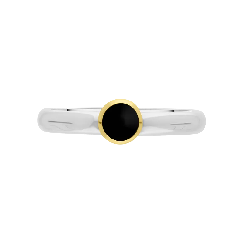 9ct Yellow Gold Sterling Silver Whitby Jet Stepping Stones 5mm Round Bezel Set Ring