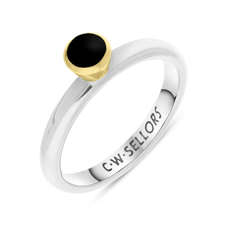 9ct Yellow Gold Sterling Silver Whitby Jet Stepping Stones 5mm Round Bezel Set Ring