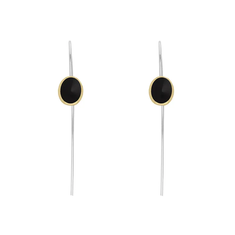 9ct Yellow Gold Sterling Silver Whitby Jet Stepping Stones 6x8mm Oval Hook Earrings