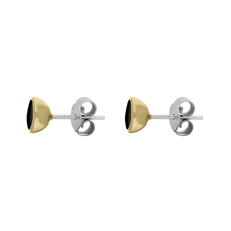 9ct Yellow Gold Sterling Silver Whitby Jet Stepping Stones Round Stud Earrings