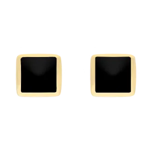 9ct Yellow Gold Sterling Silver Whitby Jet Stepping Stones Square Stud Earrings