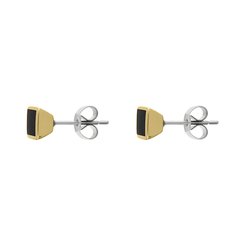9ct Yellow Gold Sterling Silver Whitby Jet Stepping Stones Square Stud Earrings