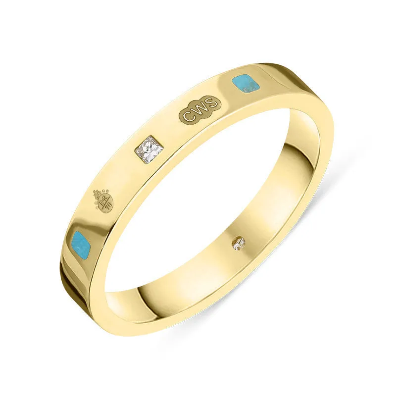 9ct Yellow Gold Turquoise 0.05ct Diamond Queen's Jubilee Hallmark Princess Cut 3mm Ring D
