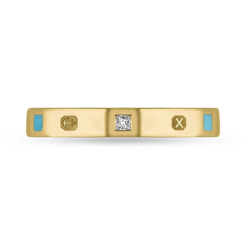 9ct Yellow Gold Turquoise 0.05ct Diamond Queen's Jubilee Hallmark Princess Cut 3mm Ring D