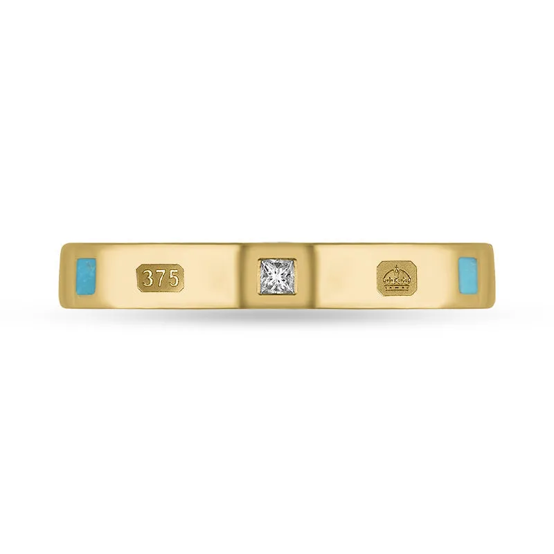 9ct Yellow Gold Turquoise 0.05ct Diamond Queen's Jubilee Hallmark Princess Cut 3mm Ring D