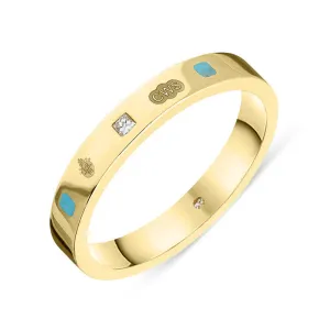 9ct Yellow Gold Turquoise 0.05ct Diamond Queen's Jubilee Hallmark Princess Cut 3mm Ring D