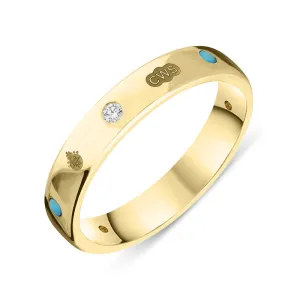 9ct Yellow Gold Turquoise 0.08ct Diamond Queen's Jubilee Hallmark 4mm Ring D