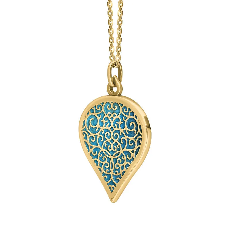 9ct Yellow Gold Turquoise Flore Filigree Large Heart Necklace