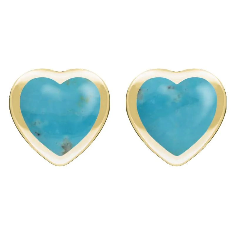 9ct Yellow Gold Turquoise Large Framed Heart Stud Earrings