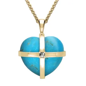 9ct Yellow Gold Turquoise Marcasite Medium Cross Heart Necklace