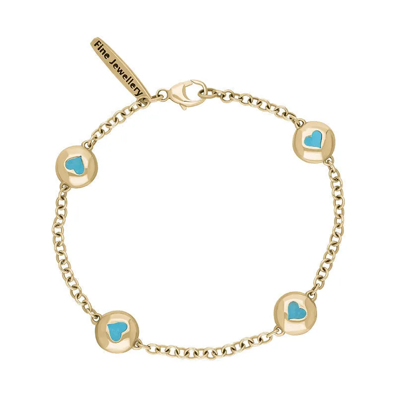 9ct Yellow Gold Turquoise Oval Heart Detail Four Stone Bracelet
