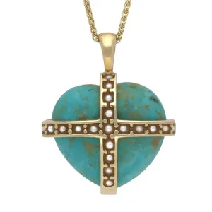 9ct Yellow Gold Turquoise Pearl Large Cross Heart Necklace