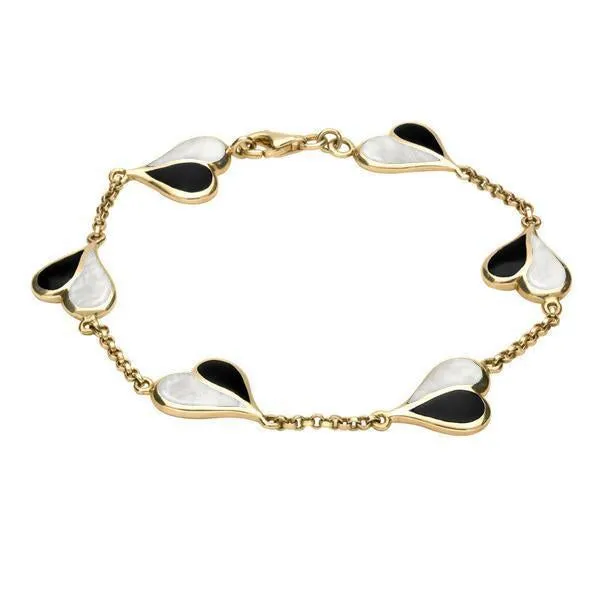 9ct Yellow Gold Whitby Jet and Mother of Pearl Split Heart Bracelet