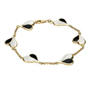 9ct Yellow Gold Whitby Jet and Mother of Pearl Split Heart Bracelet