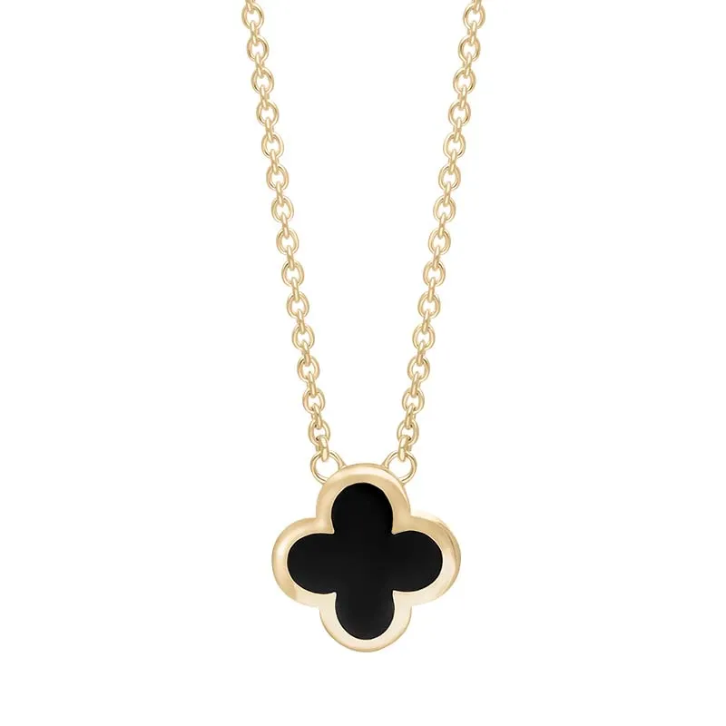 9ct Yellow Gold Whitby Jet Bloom Small Four Leaf Clover Polished Edge Pendant