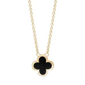 9ct Yellow Gold Whitby Jet Bloom Small Four Leaf Clover Polished Edge Pendant