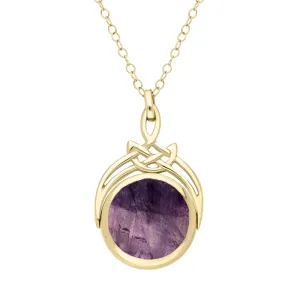 9ct Yellow Gold Whitby Jet Blue John Round Swivel Fob Necklace