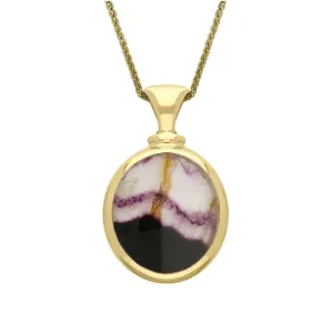 9ct Yellow Gold Whitby Jet Blue John Small Double Sided Oval Fob Necklace