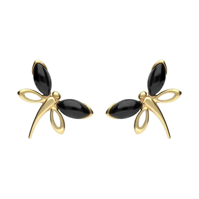 9ct Yellow Gold Whitby Jet Butterfly Stud Earrings
