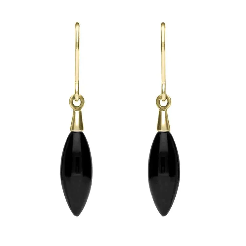 9ct Yellow Gold Whitby Jet Carved Marquise Drop Earrings