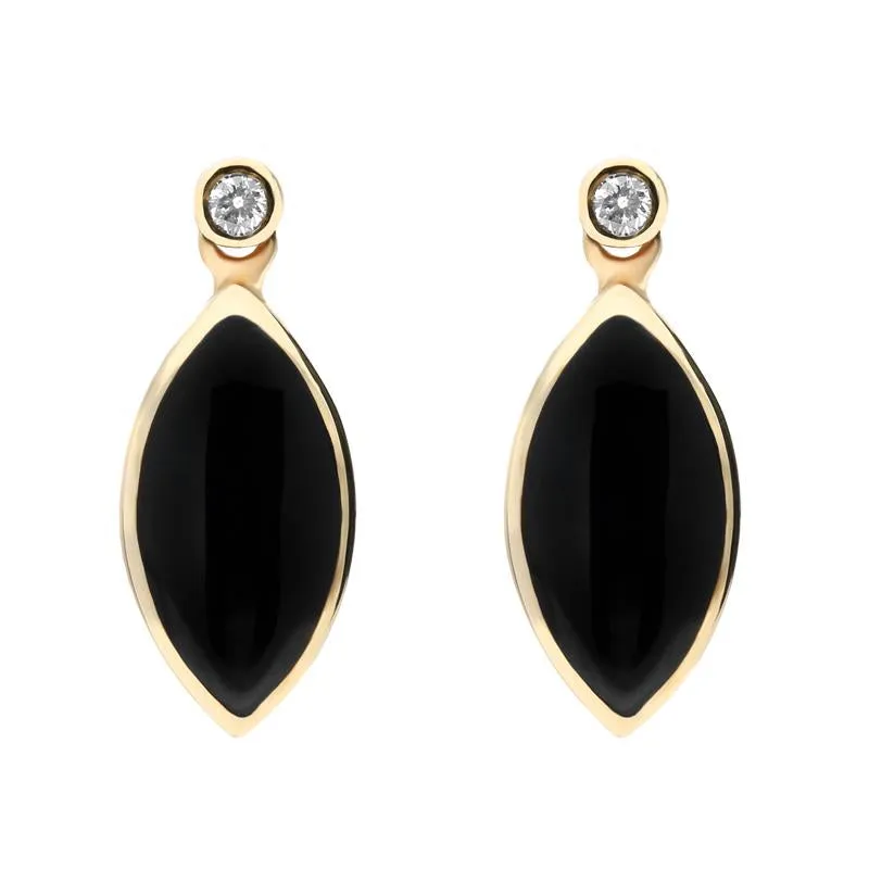 9ct Yellow Gold Whitby Jet Diamond Marquise Shaped Drop Earrings