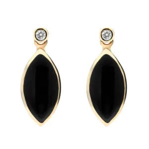 9ct Yellow Gold Whitby Jet Diamond Marquise Shaped Drop Earrings