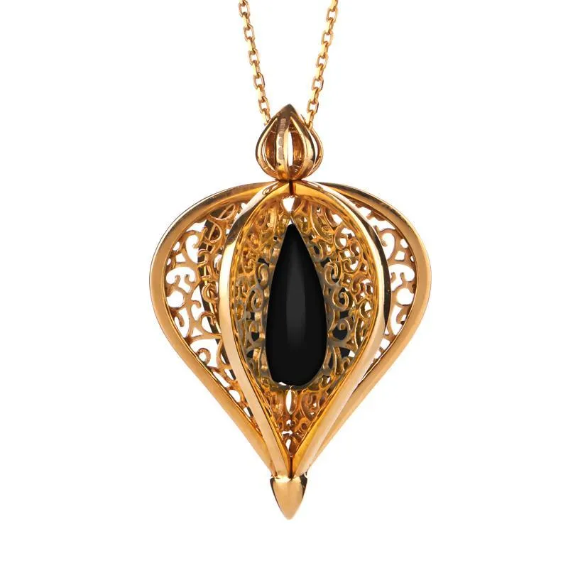 9ct Yellow Gold Whitby Jet Flore Filigree Droplet Necklace