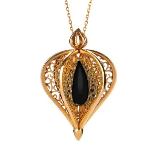 9ct Yellow Gold Whitby Jet Flore Filigree Droplet Necklace