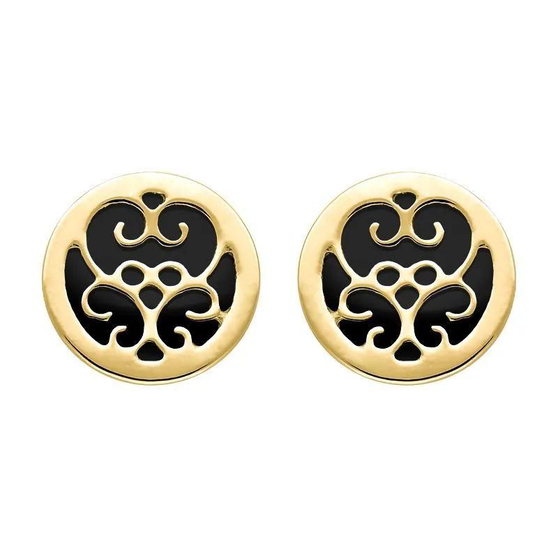 9ct Yellow Gold Whitby Jet Flore Filigree Stud Earrings
