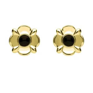 9ct Yellow Gold Whitby Jet Four Petal Flower Stud Earrings