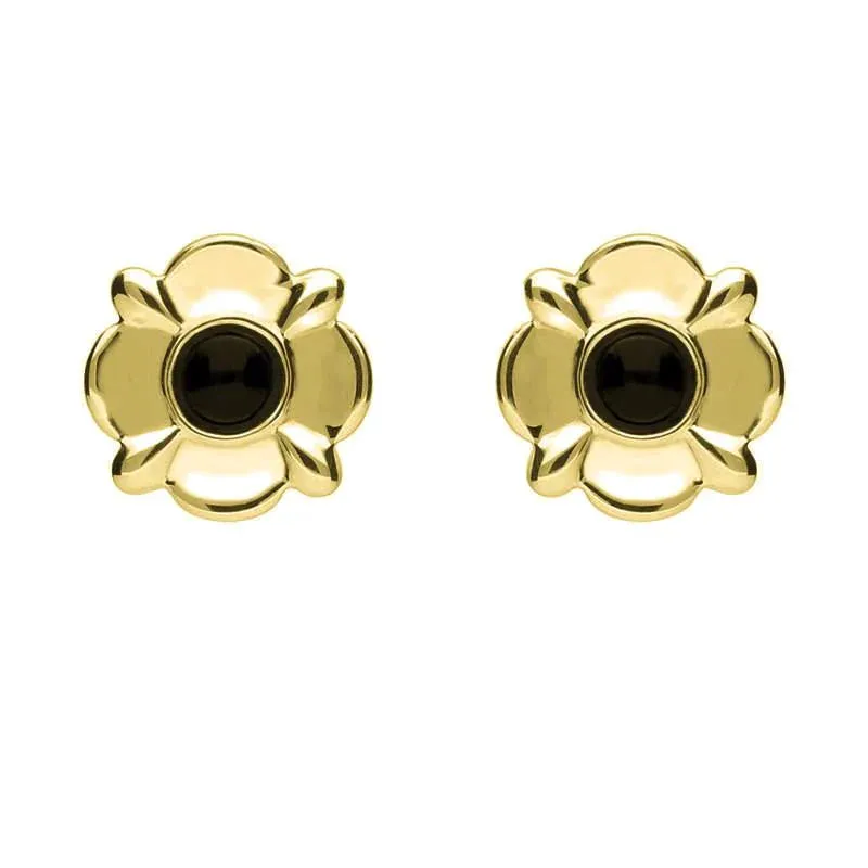 9ct Yellow Gold Whitby Jet Four Petal Flower Stud Earrings