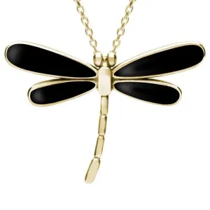 9ct Yellow Gold Whitby Jet Four Stone Small Dragonfly Necklace