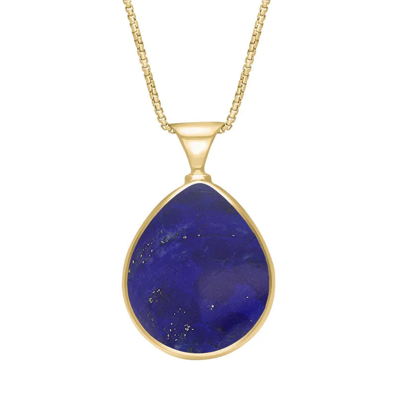 9ct Yellow Gold Whitby Jet Lapis King's Coronation Hallmark Double Sided Pear-shaped Necklace D