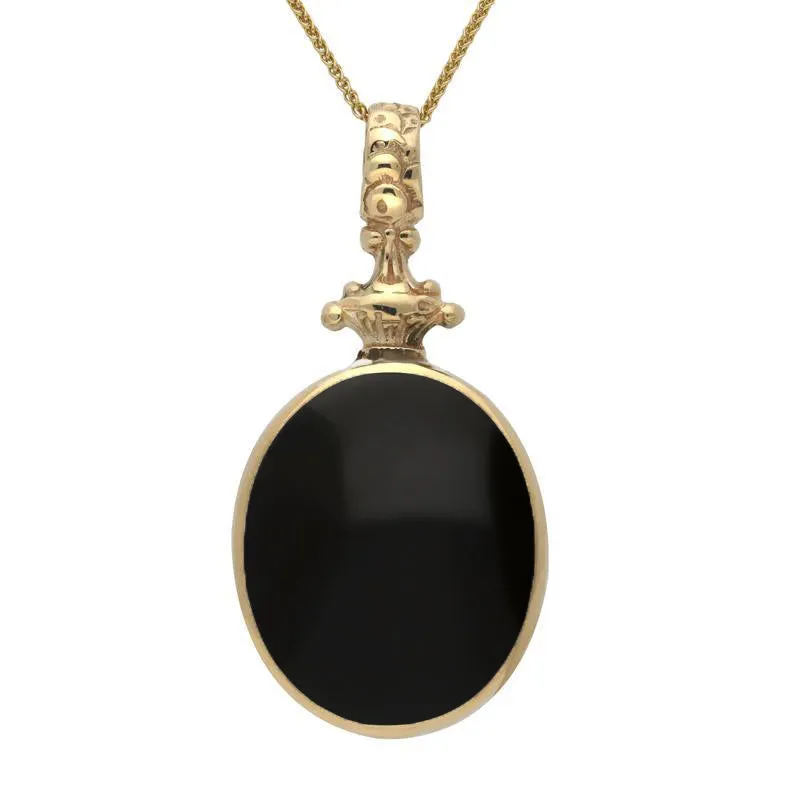 9ct Yellow Gold Whitby Jet Lapis Lazuli Double Sided Oval Fob Necklace