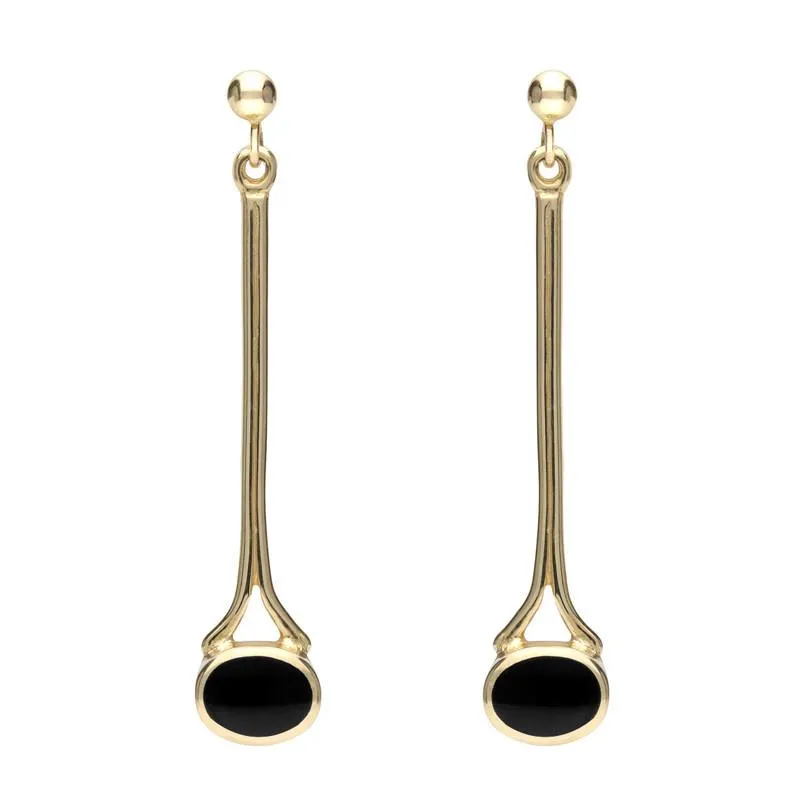 9ct Yellow Gold Whitby Jet Long Drop Earrings