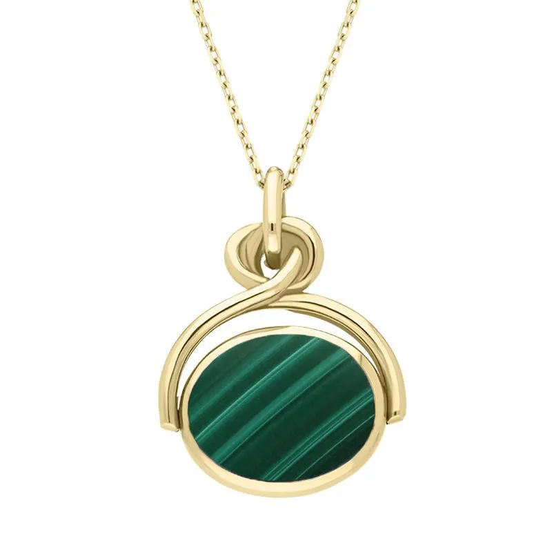 9ct Yellow Gold Whitby Jet Malachite Oval Swivel Fob Necklace