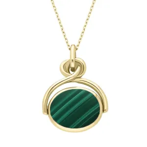 9ct Yellow Gold Whitby Jet Malachite Oval Swivel Fob Necklace