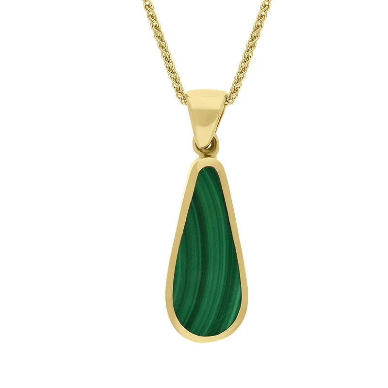 9ct Yellow Gold Whitby Jet Malachite Small Double Sided Pear Cut Fob Necklace