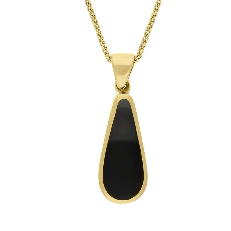 9ct Yellow Gold Whitby Jet Malachite Small Double Sided Pear Cut Fob Necklace