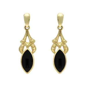 9ct Yellow Gold Whitby Jet Marquise Drop Earrings