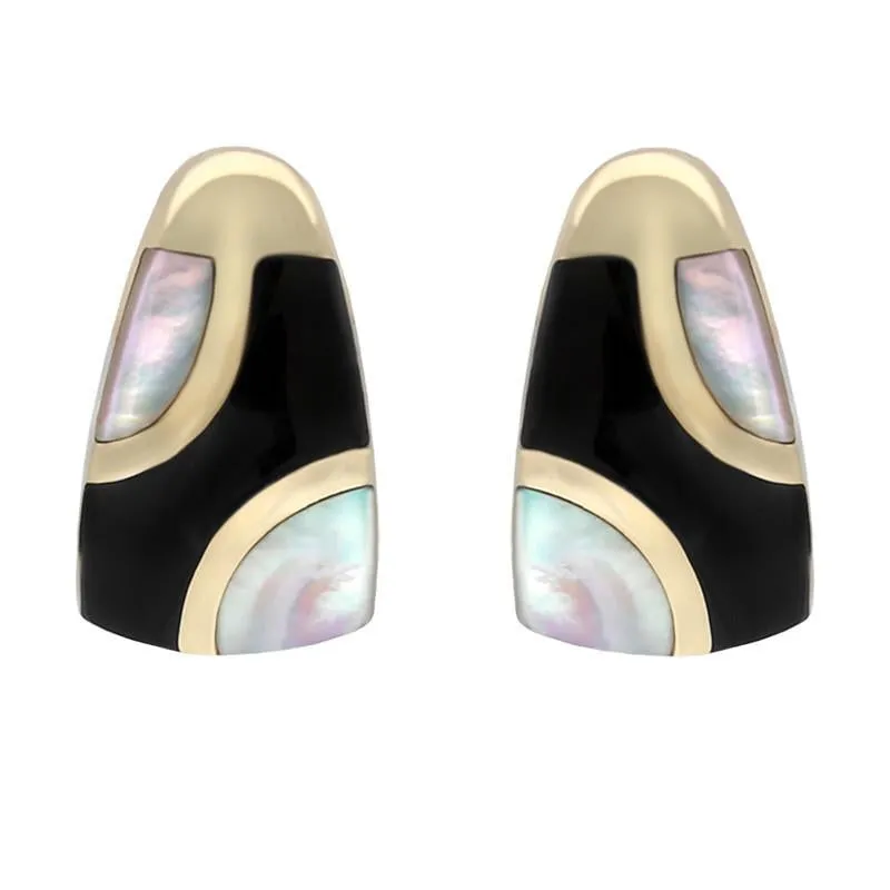 9ct Yellow Gold Whitby Jet Mother of Pearl Three Stone Stud Earrings