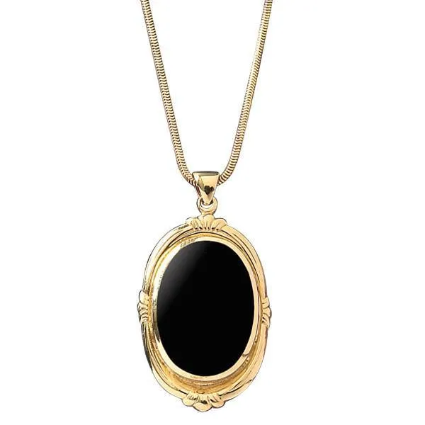 9ct Yellow Gold Whitby Jet Oval Shape Fleur Necklace
