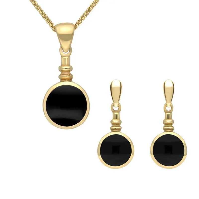9ct Yellow Gold Whitby Jet Round Bottletop Two Piece Set