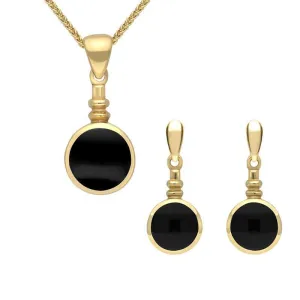 9ct Yellow Gold Whitby Jet Round Bottletop Two Piece Set