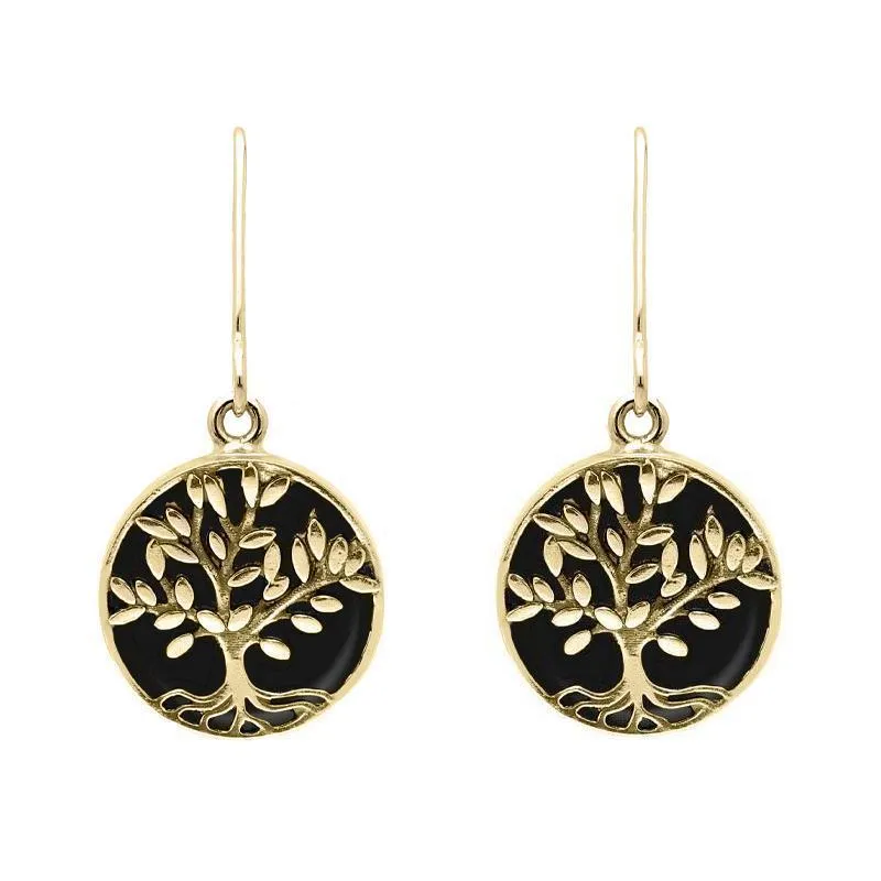 9ct Yellow Gold Whitby Jet Round Large Tree of Life Leaves Drop Earrings