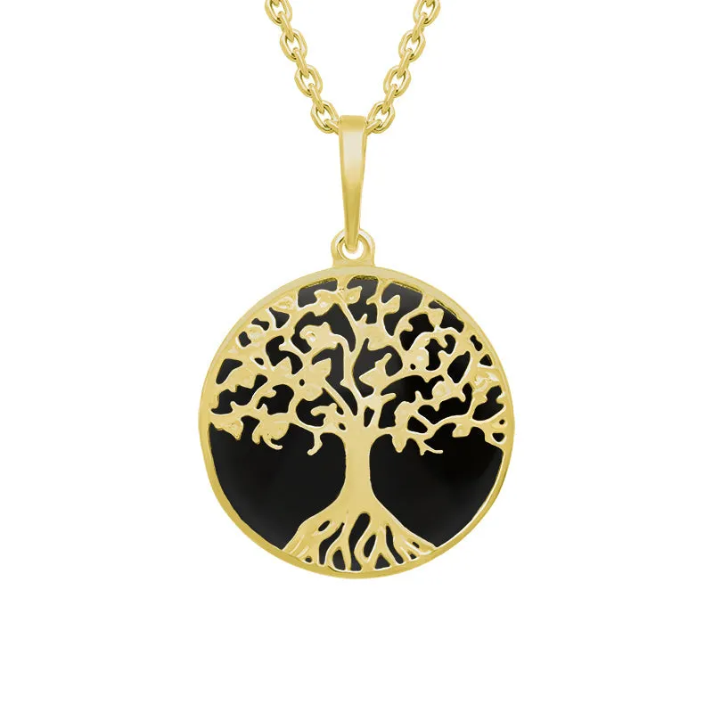 9ct Yellow Gold Whitby Jet Round Tree of Life Necklace