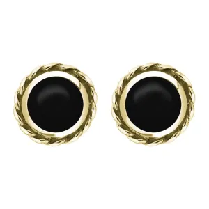 9ct Yellow Gold Whitby Jet Round Twist Edge Stud Earrings