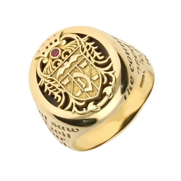 9ct Yellow Gold Whitby Jet Ruby Dracula Crest Replica Signet Ring