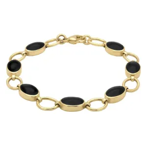 9ct Yellow Gold Whitby Jet Seven Oval Stone Bracelet